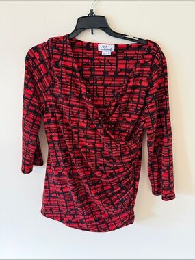 Chaus Red and Black Wrap-Style V-Neck Long Sleeve Top